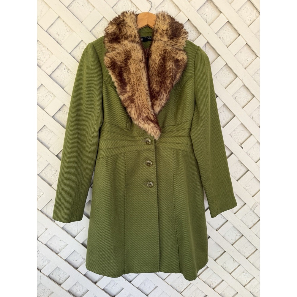 Rampa Olive Green Faux Fur Collar Fit & Flare Coat Vintage Y2K Fall Large